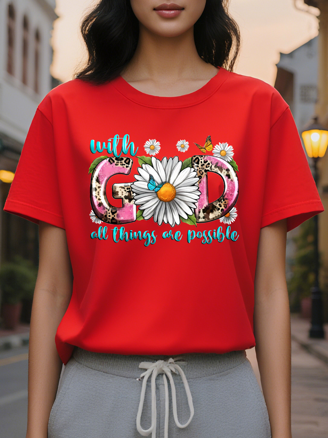 Women's Everything Is Possible With God Pattern T Shirt Flower Leopard Print Round Neck Casual Top Medium Elastic