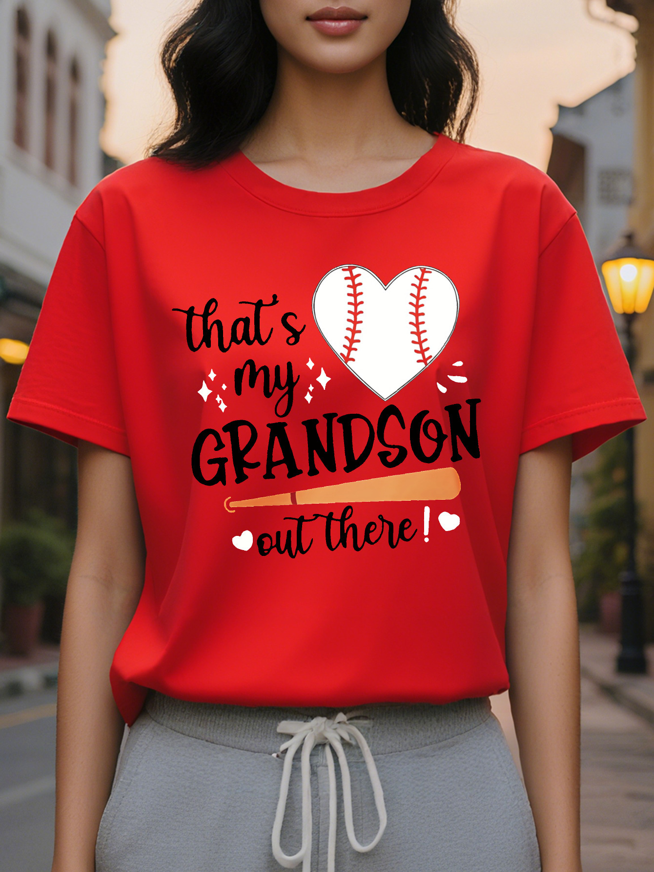 Large XL Tee Casual Red Women's T-Shirt That's My Grandson Out There Heart Design Perfect for Fans Baseball Fan Apparel Plus Size