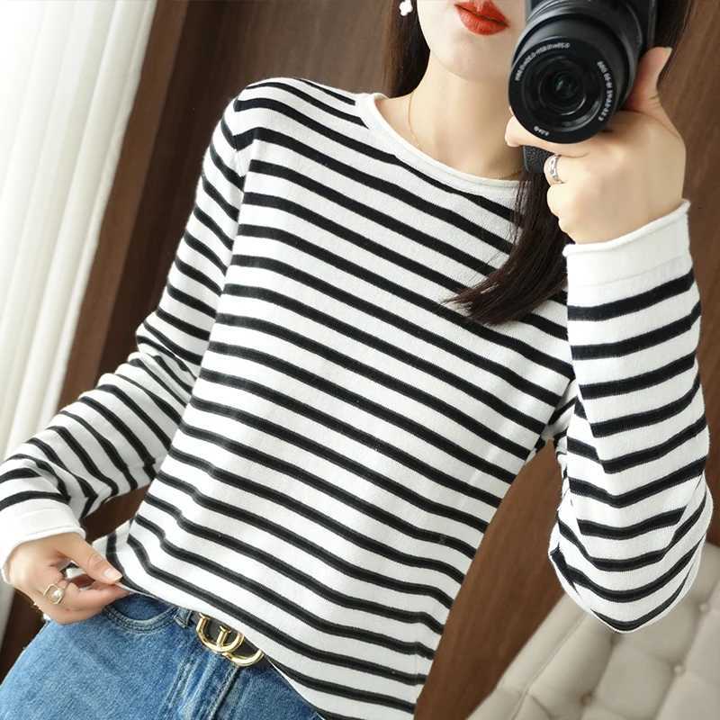 Women 100 Cotton Sweater Curled Oneck Strip Pullover Autumn Winter Casual Knit Clothing Fashion Soft Bottoming Sweater Tops M250904