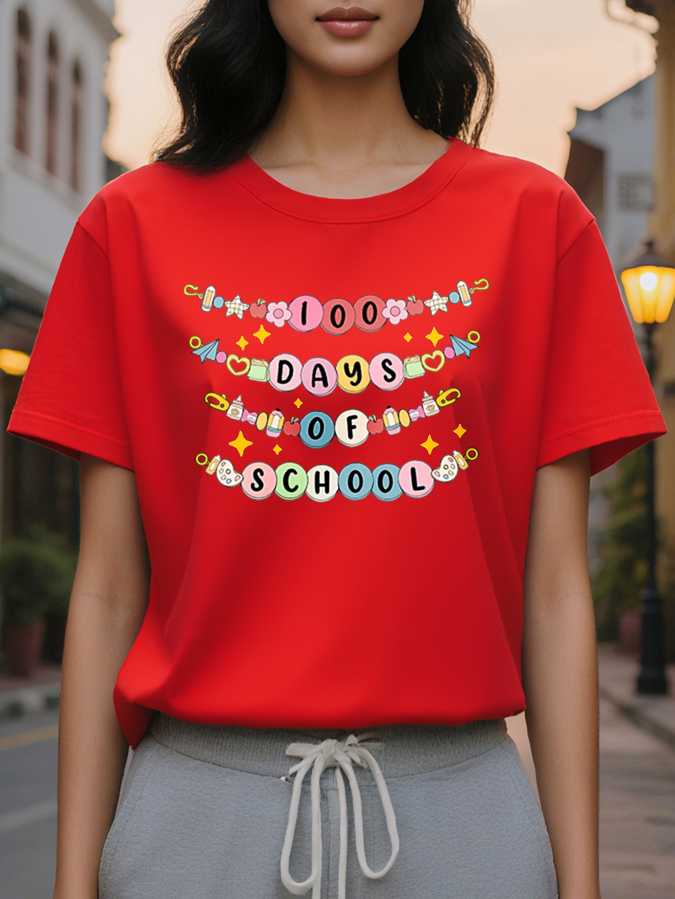 Bright Pink Women's Graphic T-Shirt Day Funny Letter and Star Design Short Sleeve Round Neck Casual Spring Summer