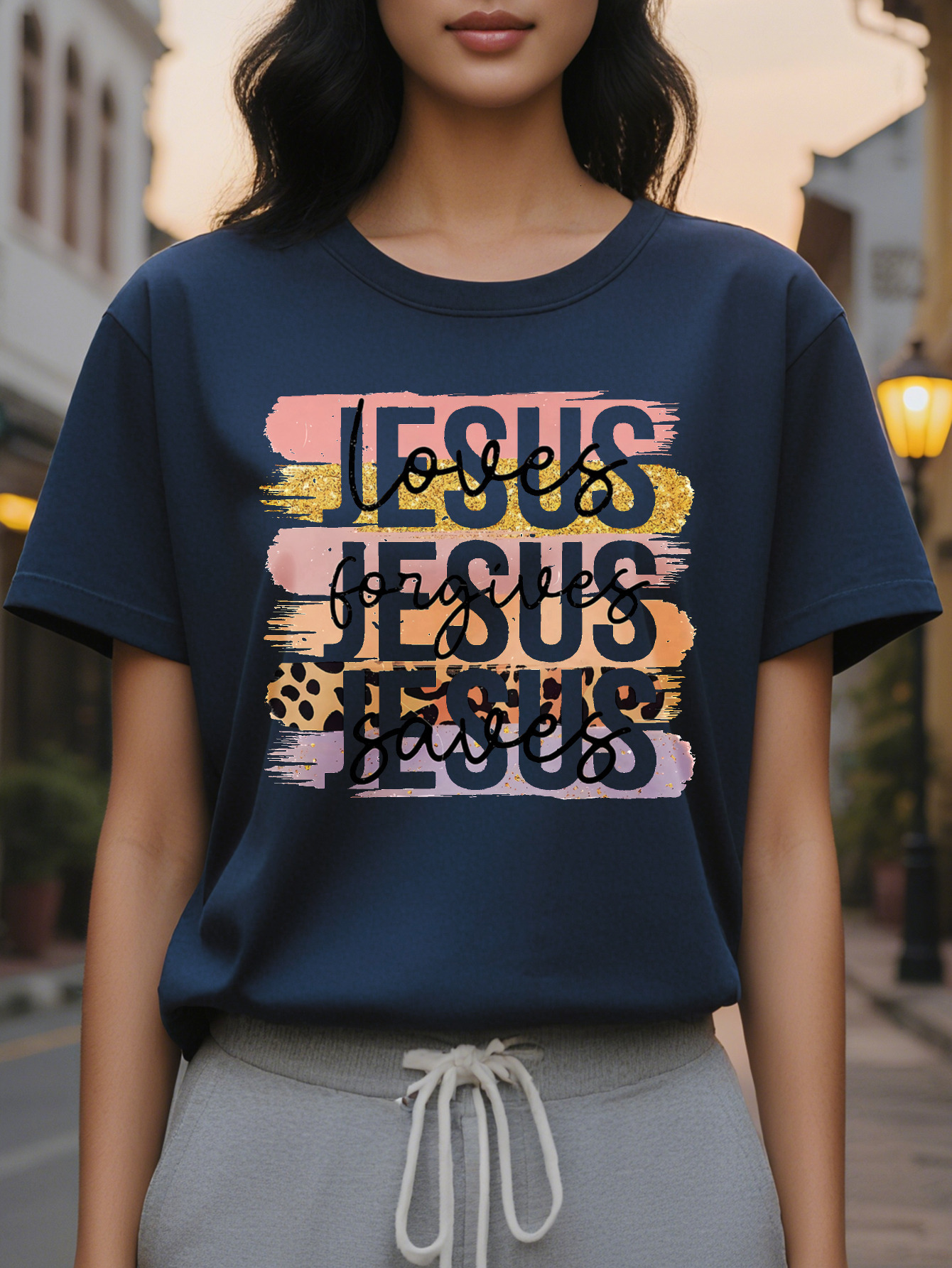 Fall in Love with Jesus Short Sleeve T-Shirt Round Neck Casual Top for Summer and Spring Women's Clothing Beautiful
