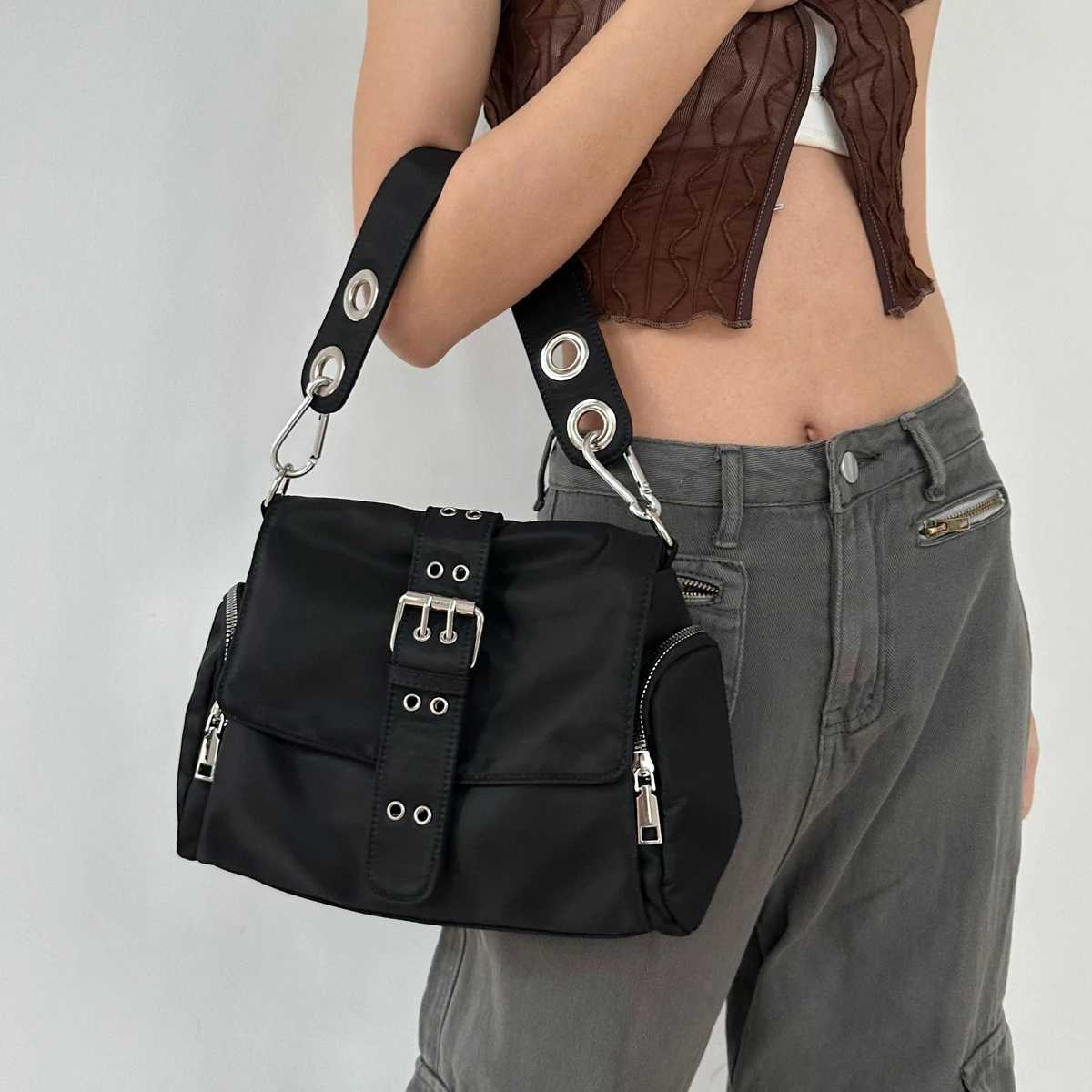 Y2K bag Wide Shoulder Strap Single Shoulder Diagonal Cross Underarm Bag FAshion Womens Nylon Handbag Black Z250903