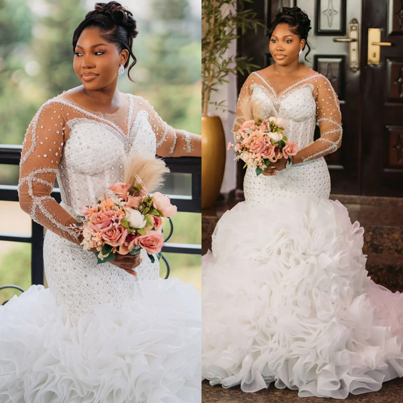 2025 Plus Size Wedding Dress Bridal Gowns For Bride Mermaid Wedding Gowns Sheer Neck Illusion Long Sleeves Pearls Beaded Lace Bridal Dress For African
