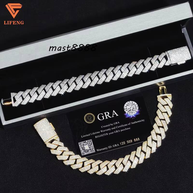White Gold Plated 925 Sterling Silver VVS Moissanite Diamond Cuban Link Chain Bracelet Iced Out Mossanite Jewelry for Men