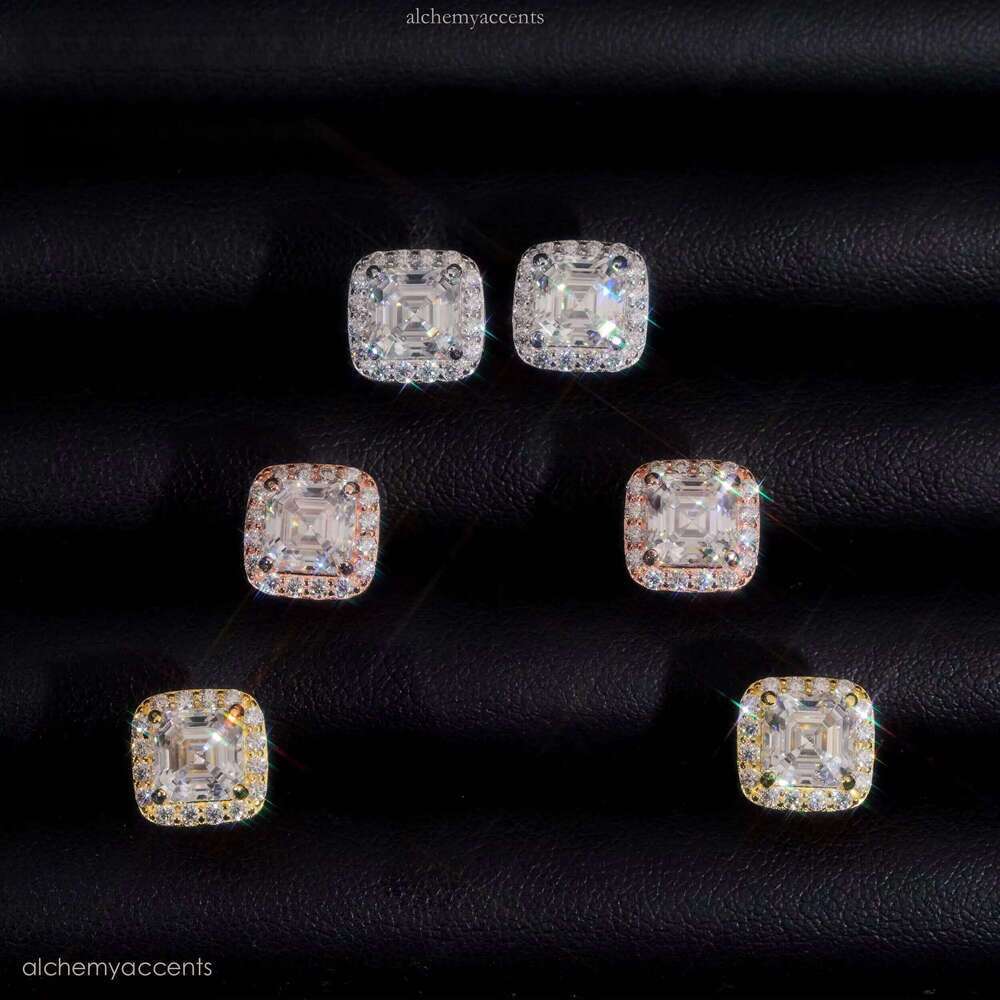 RTS Tester Certified Hip Hop Jewelry Sier Asscher Cut VVS Dia Moissanite Stud Fashion Earrings