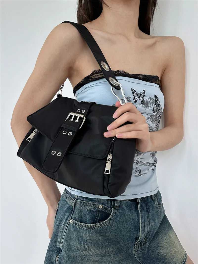 Y2K bag Wide Shoulder Strap Single Shoulder Diagonal Cross Underarm Bag FAshion Womens Nylon Handbag Black Z250903