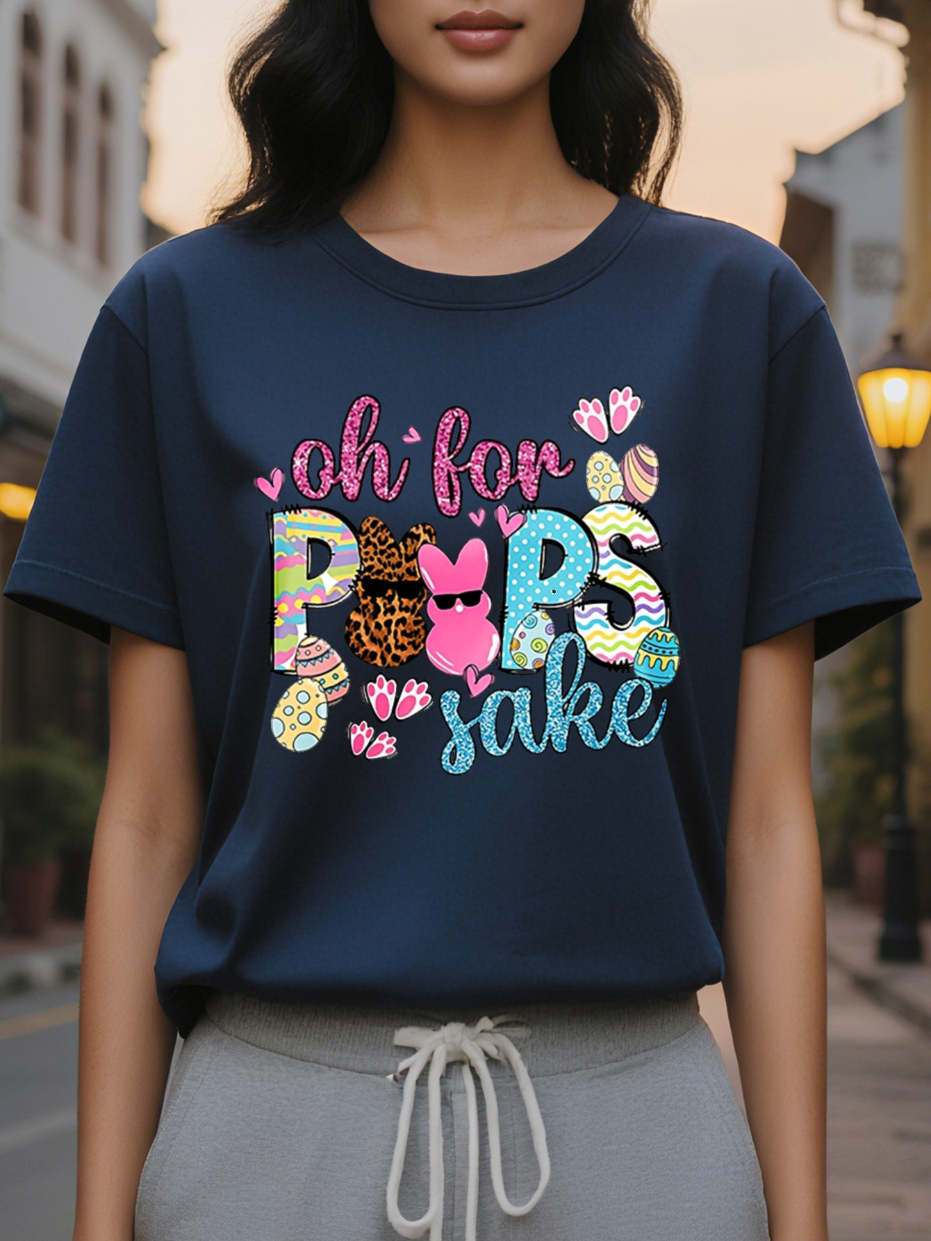 Happy Easter Peeps American Printed Pattern Spring and Summer New Fashion Round Neck T-shirt Slim Fit Slimming Women's