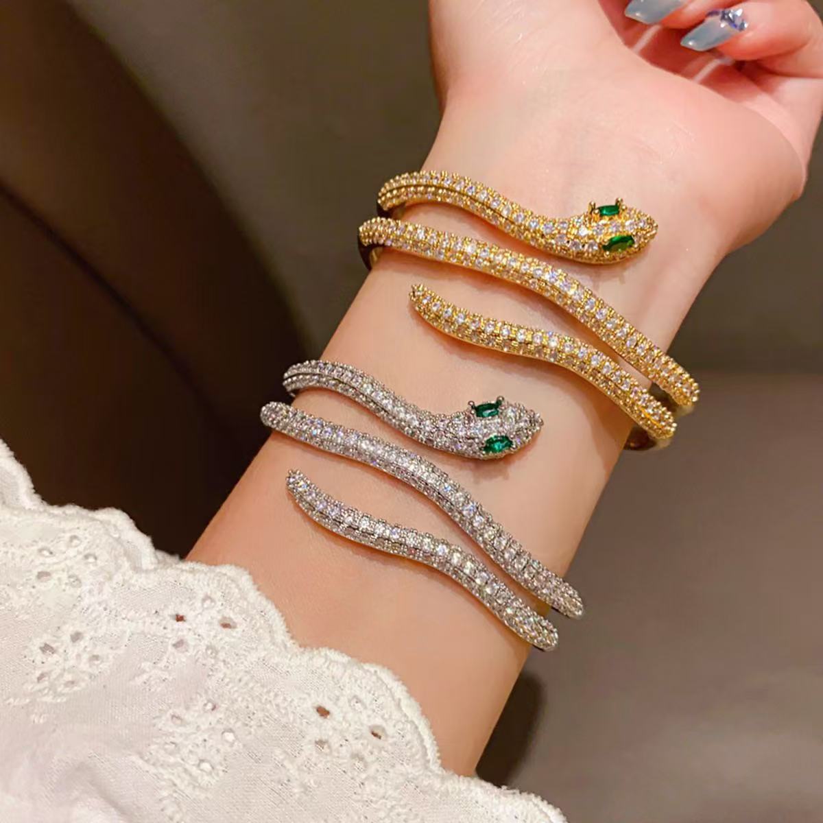 18k gold electroplated zircon snake shaped open bracelet with a luxurious and high-end feel