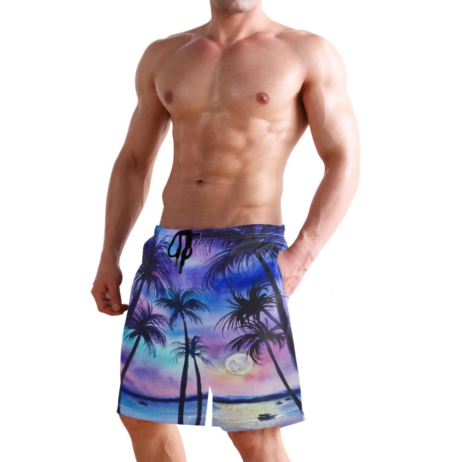 Summer Men's Fashion Swimming Trunks Hawaiian Palm Tree Printed Beach Quick-Drying Sea Fishing Holiday Shorts Men