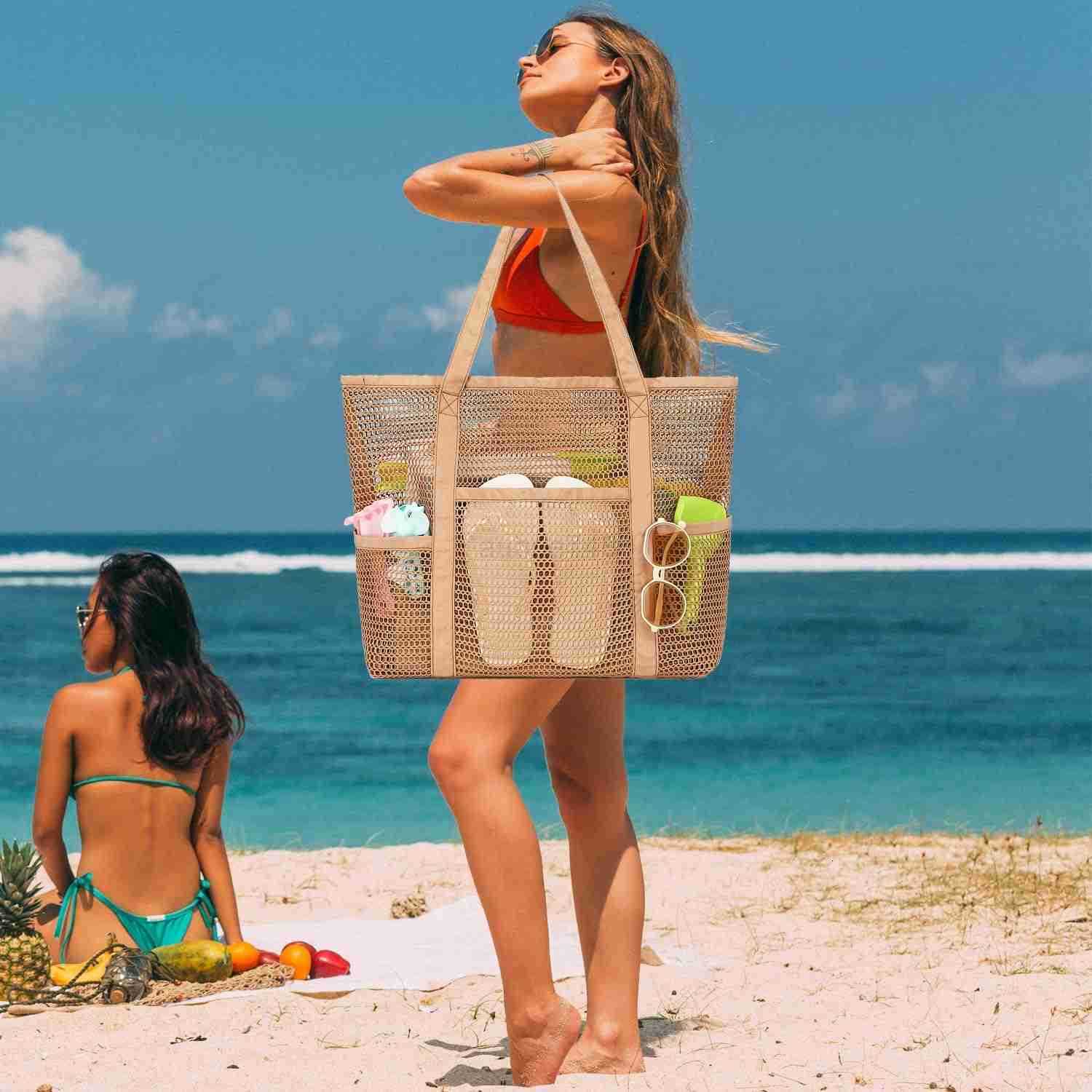 Mesh Beach Bag for Women Casual Hobo Bags Large Beach Tote for Pool Travel Cruise Vacation Essentials M250904