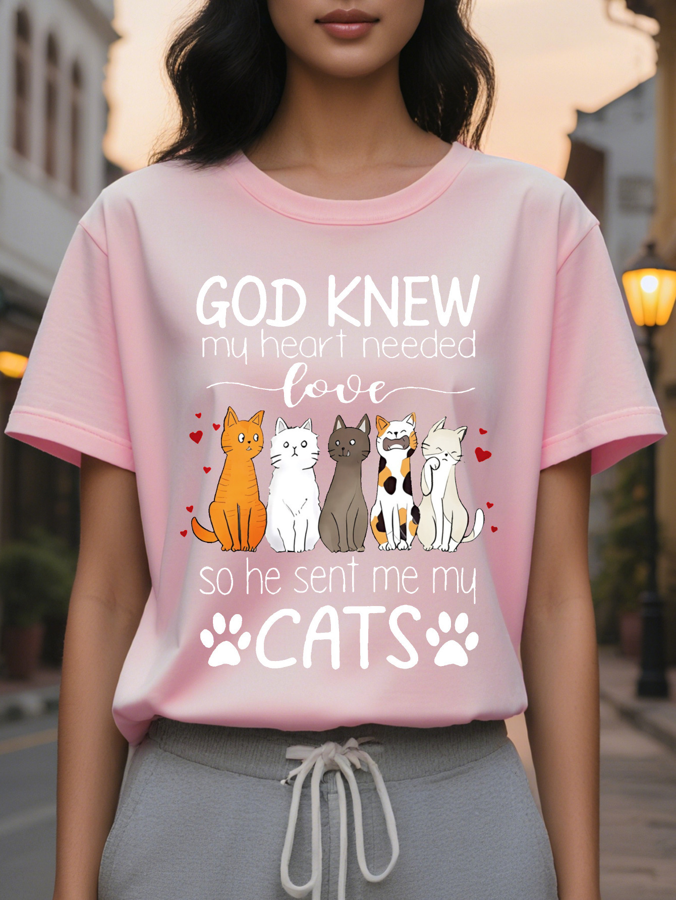 Large XL Tee Women's Casual Lover Graphic T-Shirt God Knew My Heart Needed Love Quote with Cartoon Cats Paw Prints Heather Plus Size