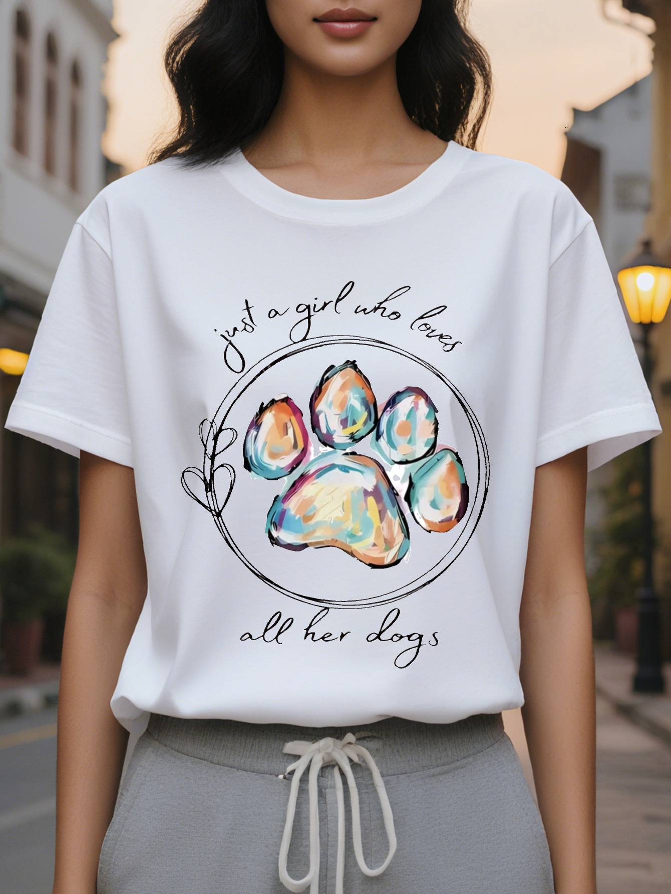 Women's Only Love Her Dog Pattern Short Sleeve T-shirt Cute Claw Printed Round Neck Top Breathable Summer Casual