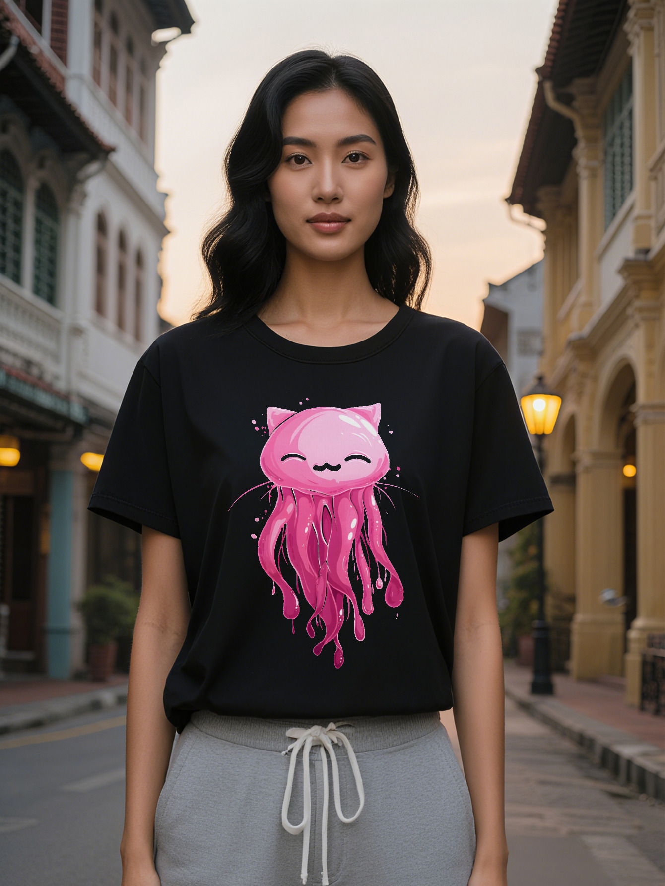 Large XL Women's Casual Crew T-Shirt with Unique Pink Jellyfish Cat Print Soft Fabric Round Neck Short Sleeve Summer Plus Size