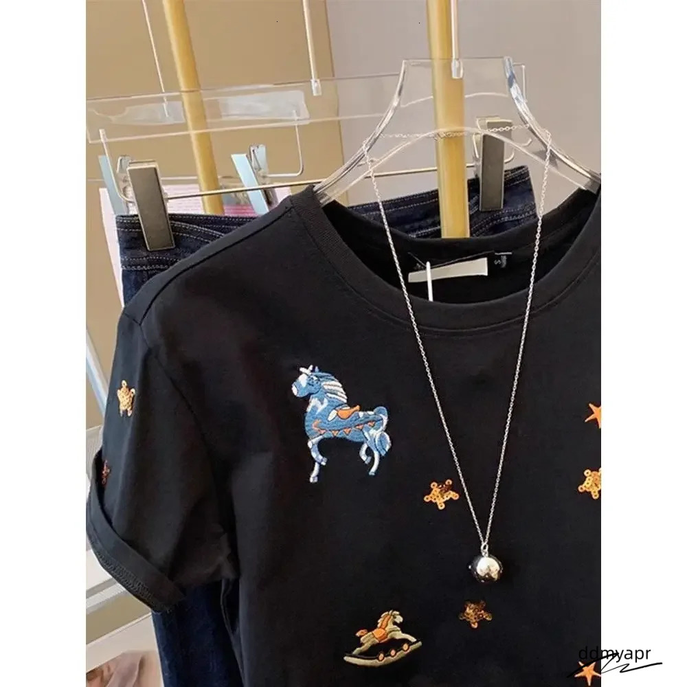 High-End Summer Pure Cotton Short Sleeve Black T-Shirt Womens Fashion Top Metal Embellishment Crew Neck Tee European Ddmyday Style 250723