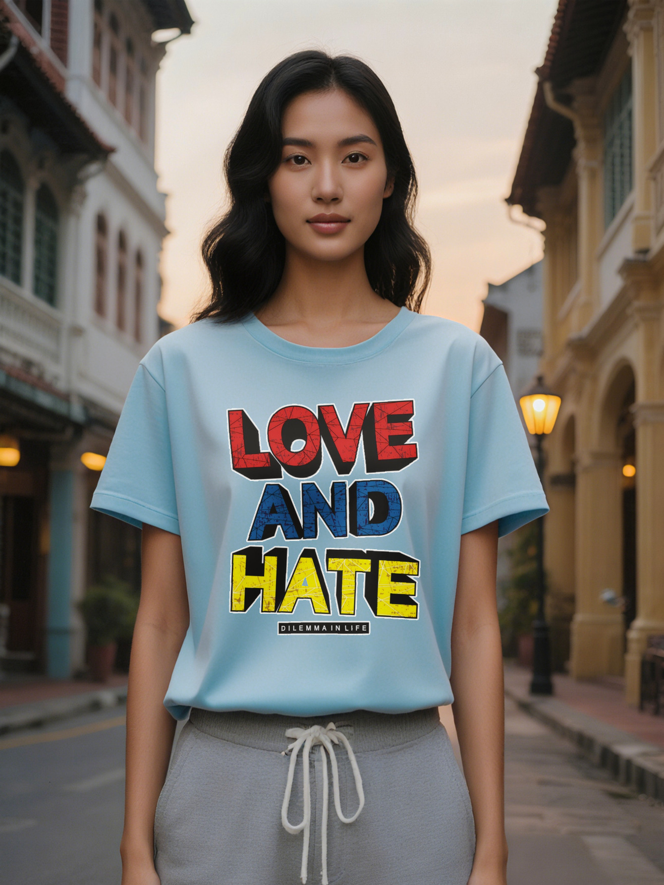 Large XL Women's Crew Neck T-Shirt LOVE AND HATE Bold Letter Print in Red Yellow Lightweight Tee for Women Perfect Gift Idea Plus Size