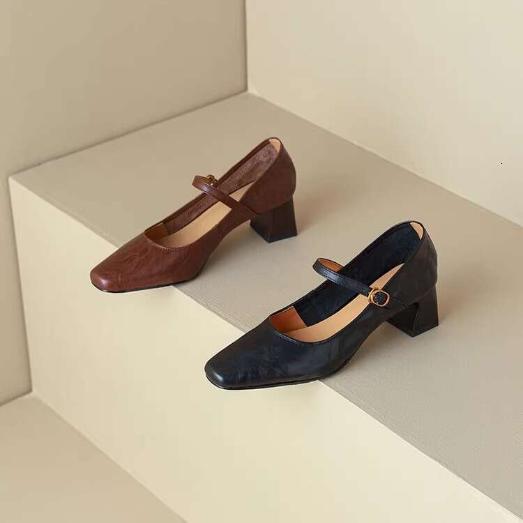 Soft Sheepskin Black High Heels French Style Chunky Designer Shoe Heel One Strap Mary Jane Women's Single Shoes