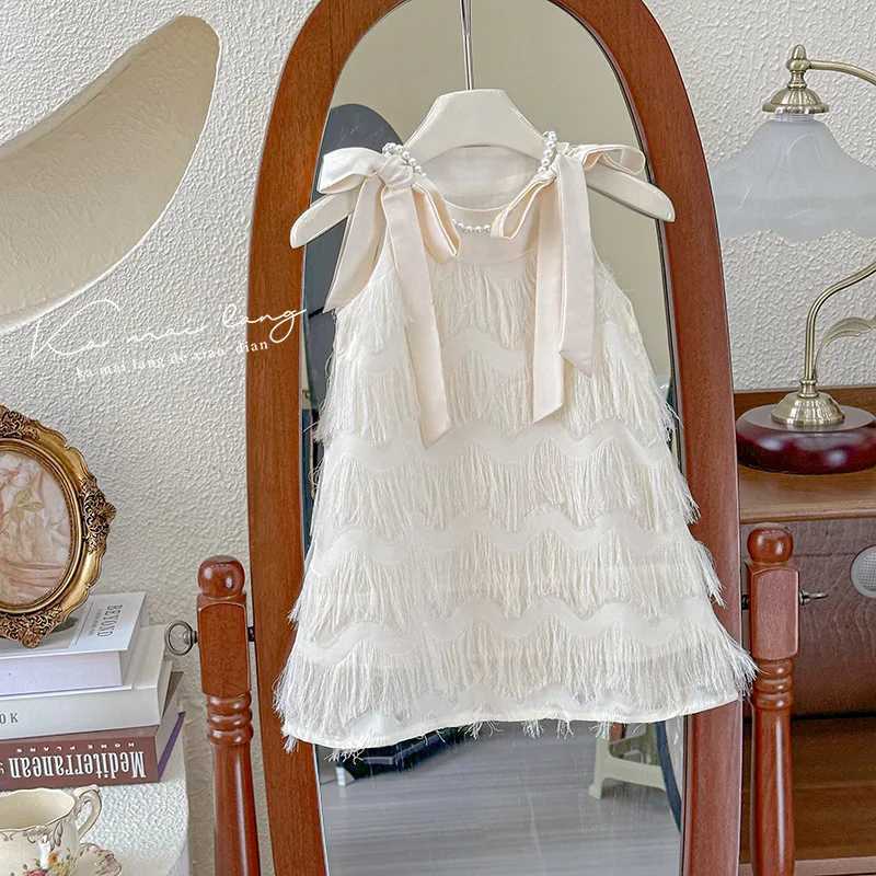 Girls Casual Dresses Fringe Bow Princess Dress Sleeveless Halter Dress for Kids White Princess Dress for Girls 2 to 7 Years Z250904