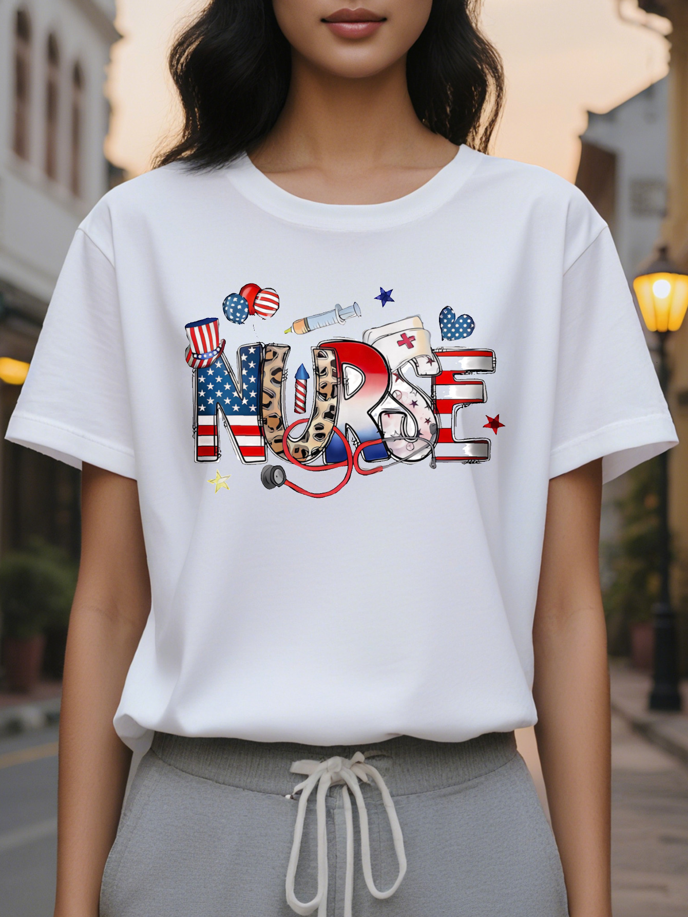 Women's Nurse Pattern Short Sleeve T-Shirt Star Stripe Theme Letter Print Elastic Round Neck Casual Top Spring and