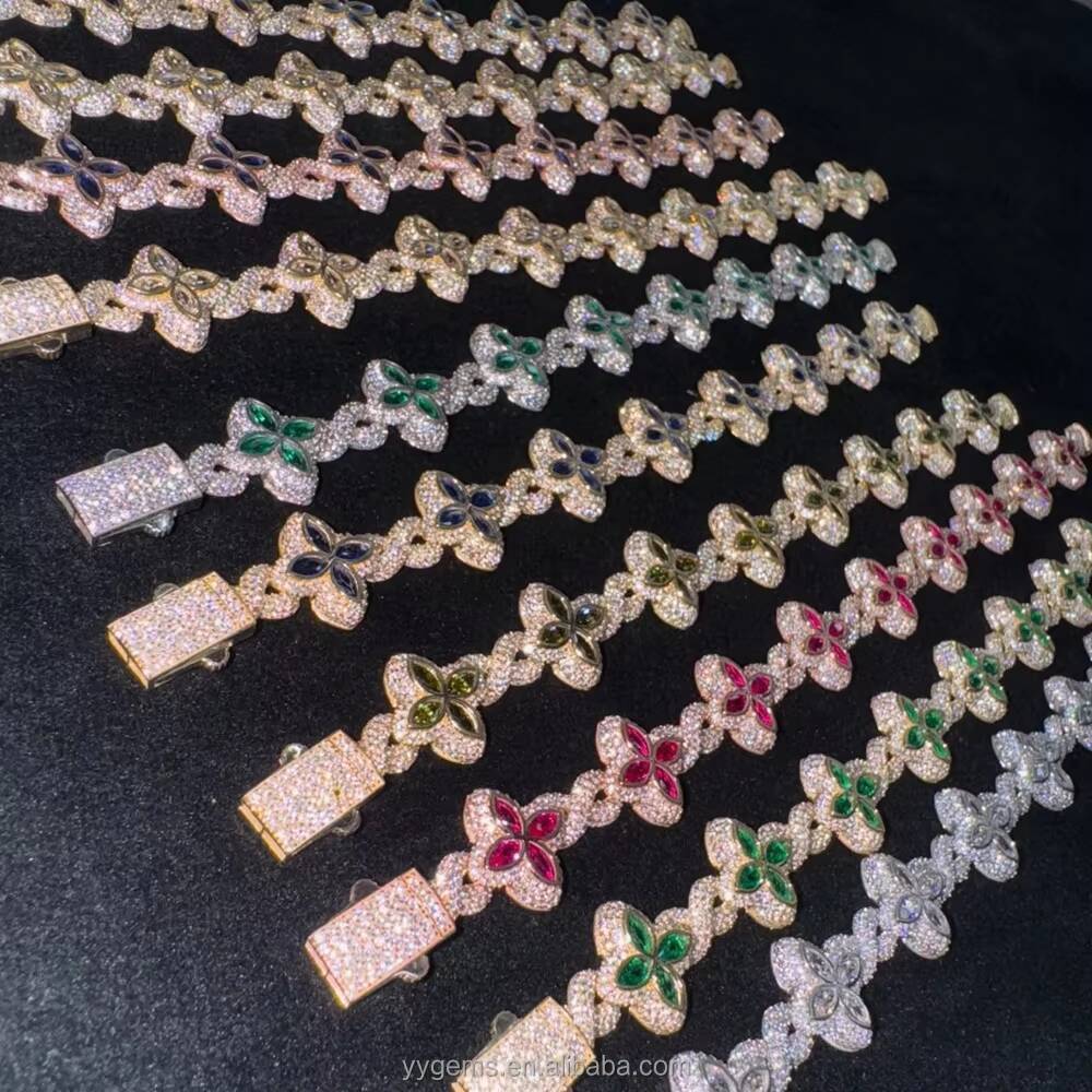 Hot Selling Shamrock bracelet 15MM 925 Sterling Silver Cuban Clover Bracelets Iced Out Hip Hop Infinity Colored Moissanite Cuban Bracelet