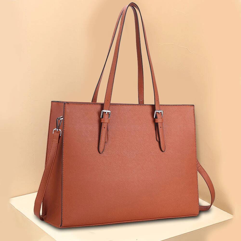 15.6 Inch Laptop Tote Women Retro Shoulder Bag PU Leather Computer Carrying Case Multipocket Large Capacity Business Handbag