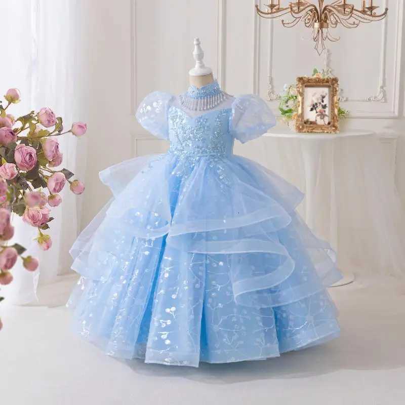 Girls Princess Dress Summer Semi-High Neck Embroidered Sequins And Pearl Decorations And Piano Performance Children Girls Dress Z250904