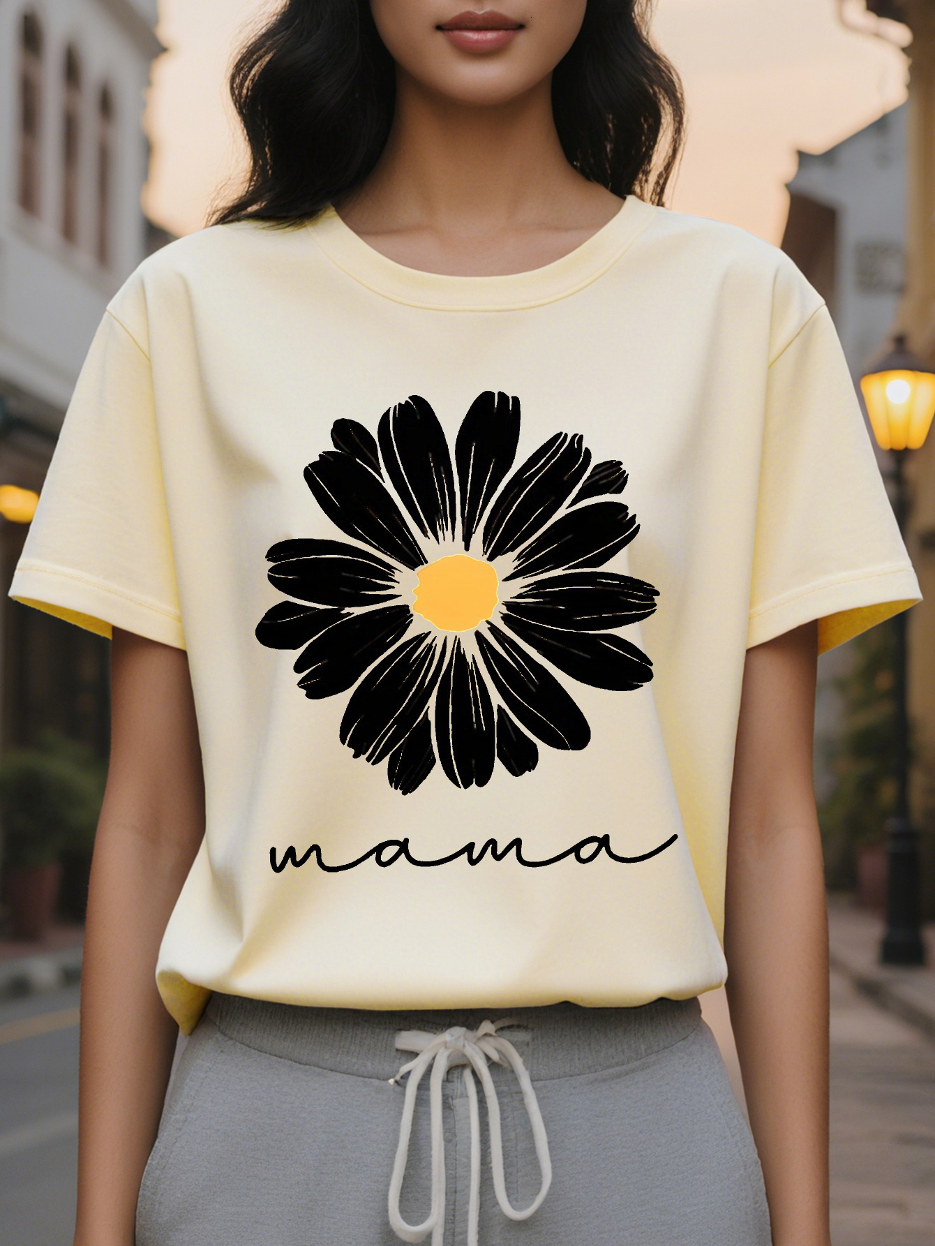 Mother's Short Sleeve T-Shirt Bright Orange Slim Crew Neck Jacket Black Flower Cursive Letter Printing Translucent