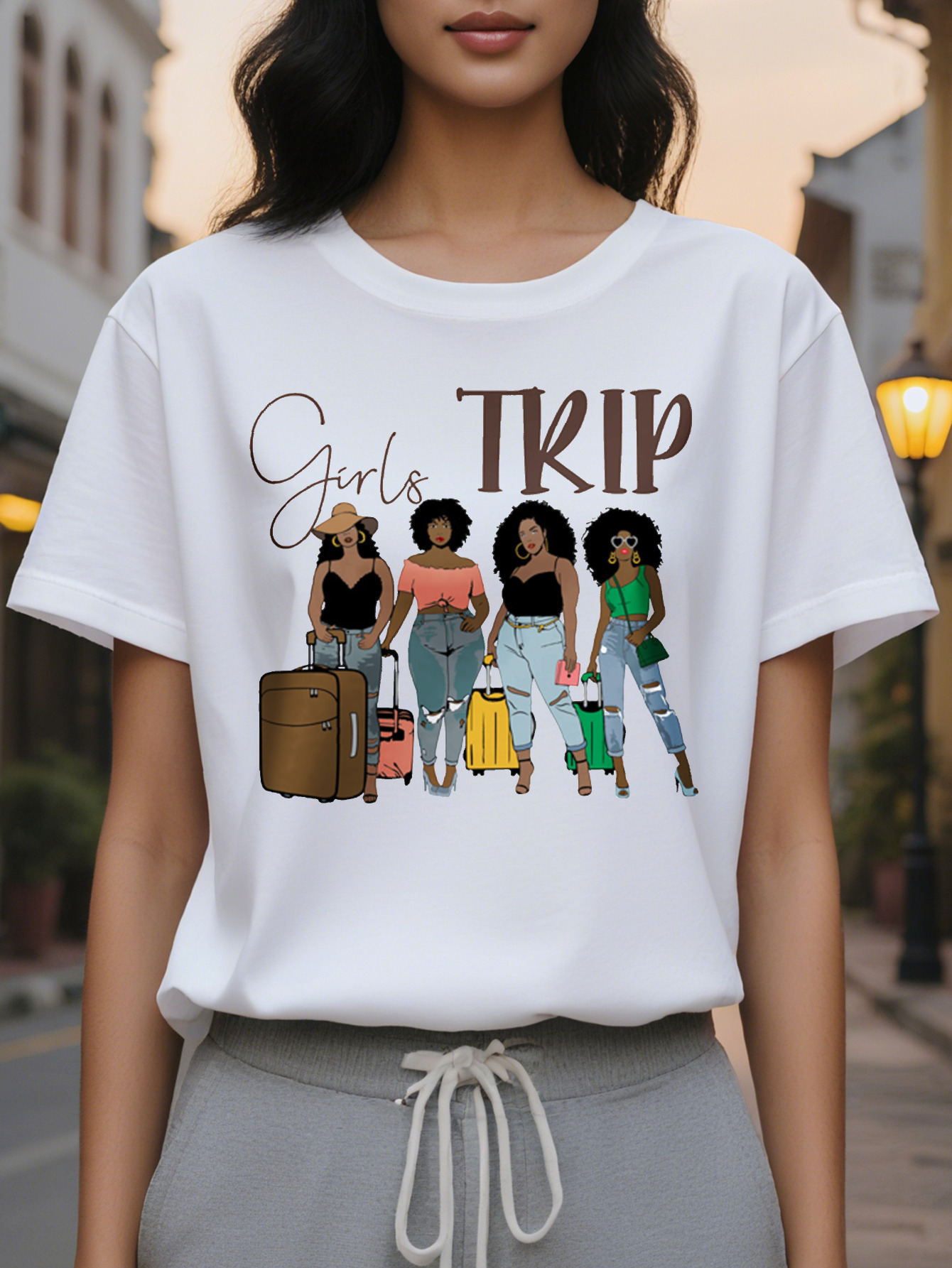 Large XL Girl Trip Print Crew Neck Casual Short Sleeve T-shirt for Summer Women's Clothing Plus Size