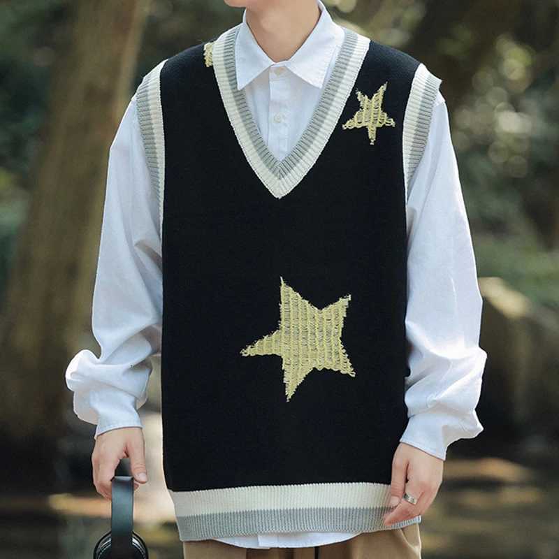 Korean Streetwear Mens Loose Sweater Vest Fashion Star Embroidery Autumn Winter Sweater Vest Men Sweater Vest for Daily WearXJ250904
