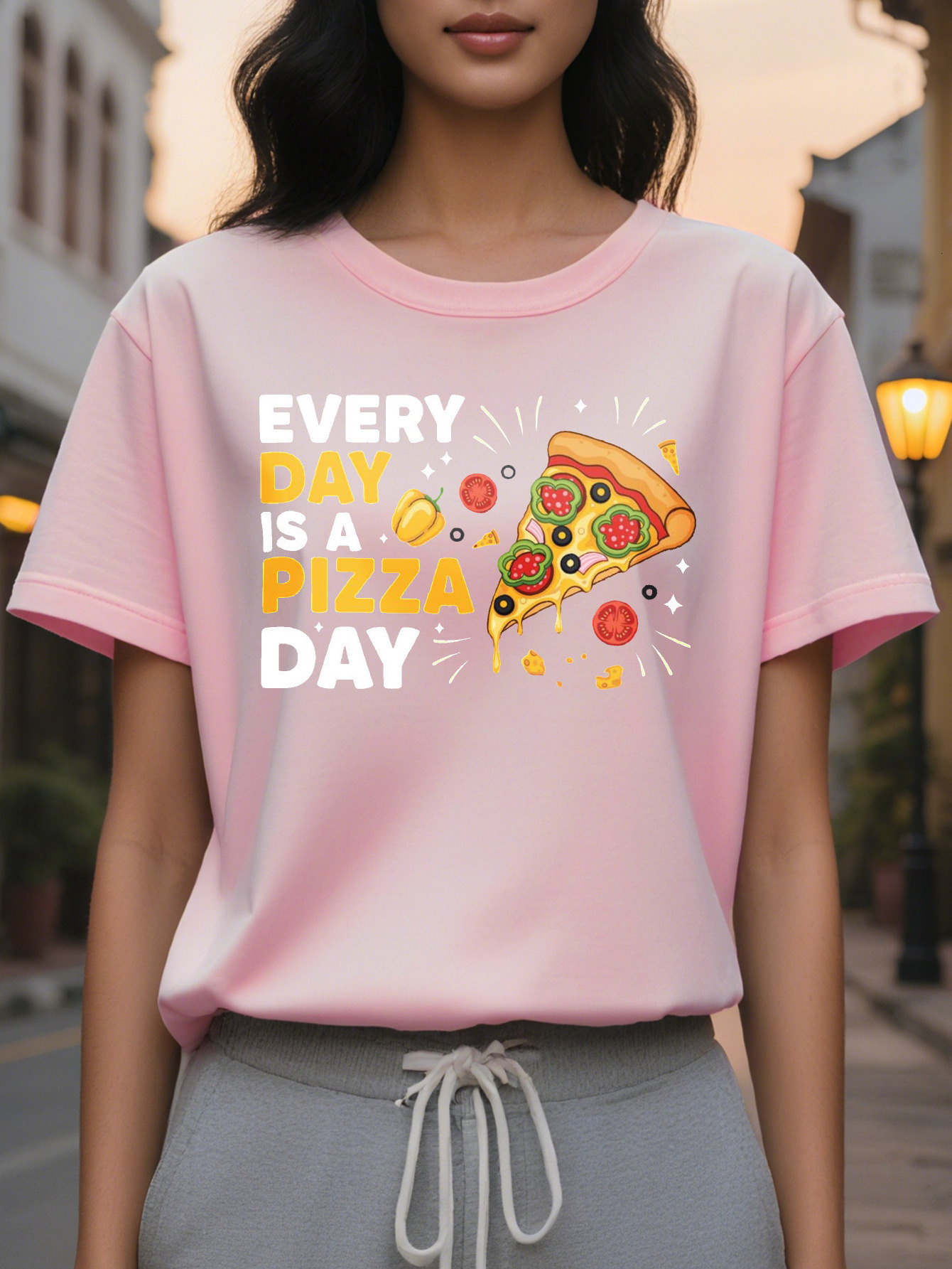 Women's Black Lover Pattern Funny is Day Sayings Soft Everyday Casual T-Shirt Pizza Parties and