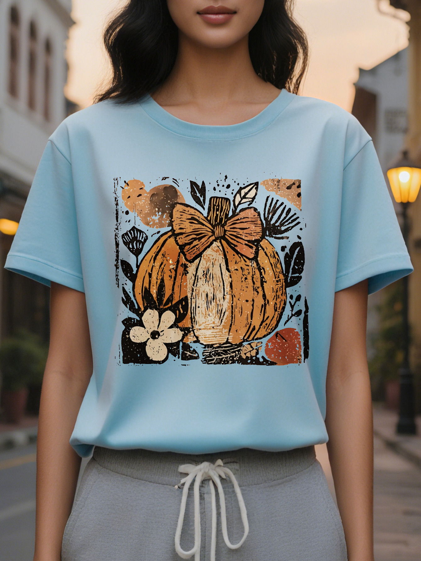 Large XL Women's Creamy White Halloween Print Sweatshirt Pumpkin Leaf Design with Plaid Bow Accent Cozy Round Neck Pullover Plus Size