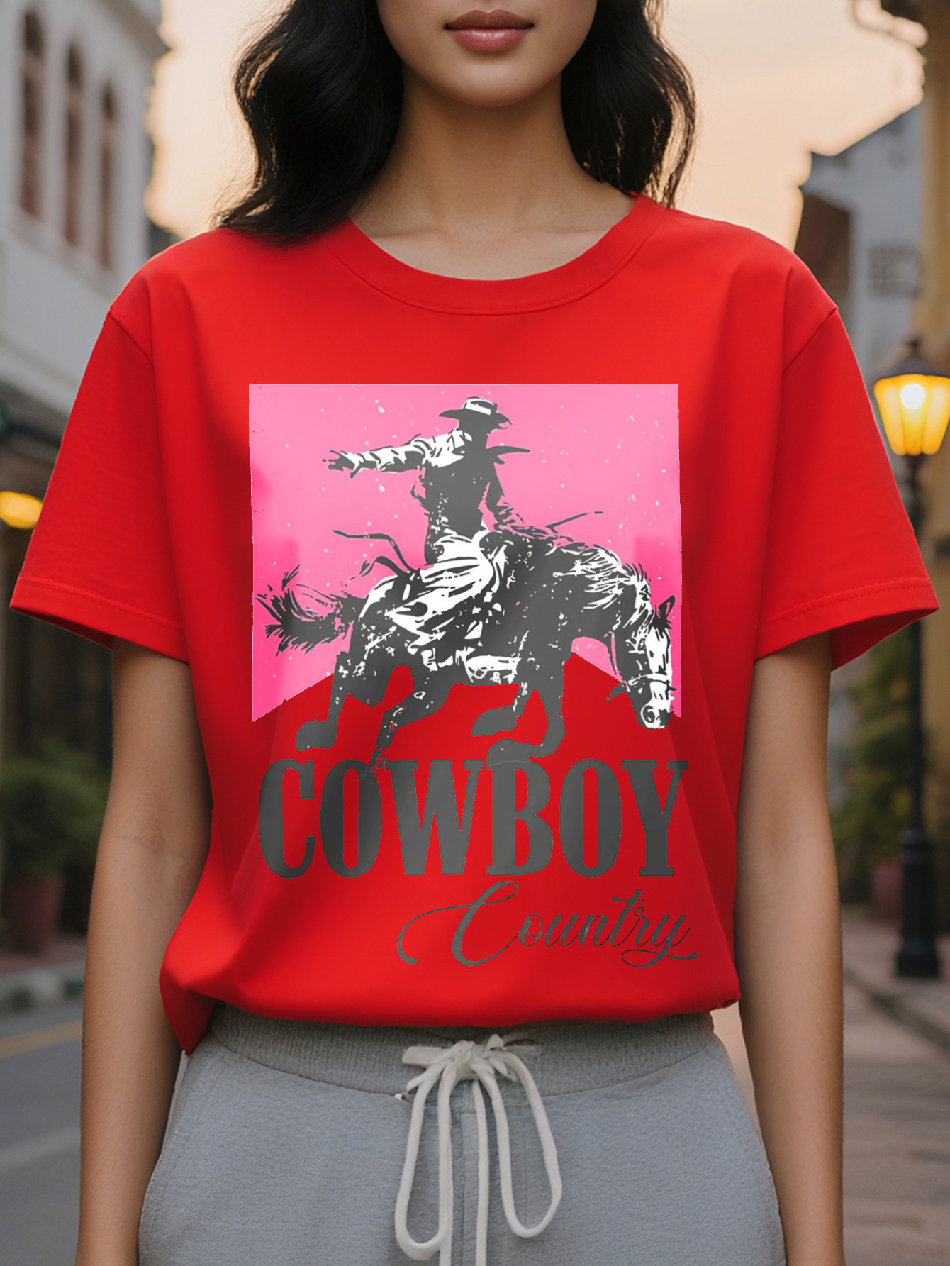 Large XL Vibrant Cowboy Letter Print Crew Neck T-Shirt Soft Breathable Short Sleeve Top Spring Summer Women's Casual Plus Size