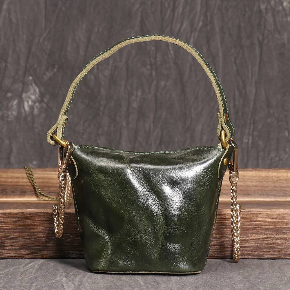 LUOKIR Genuine Leather Women's Chain Crossbody Vintage Handheld Shoulder Headphone Bag Top Layer Cowhide Coin Purse