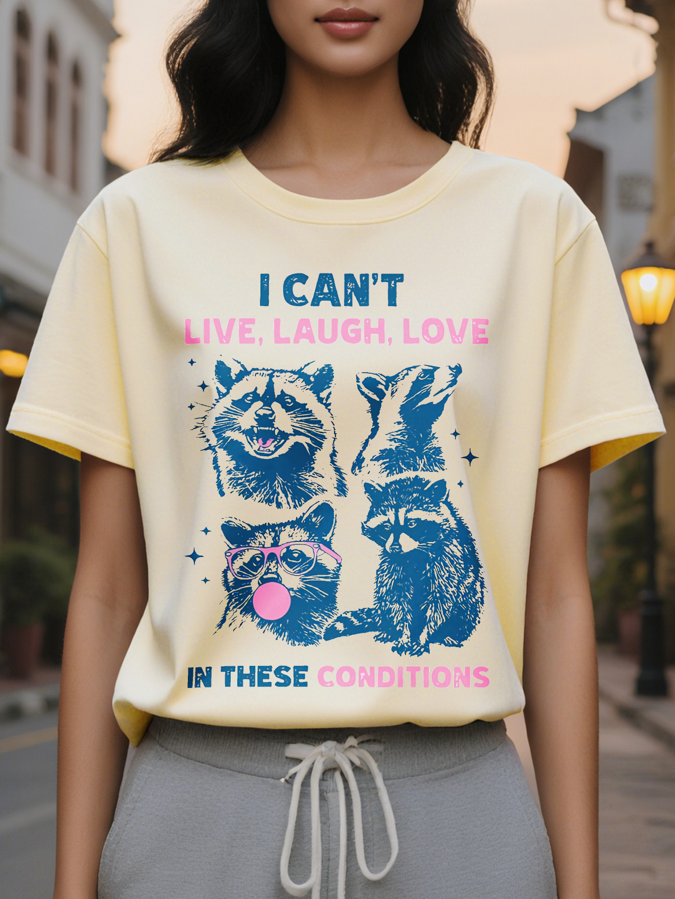 Large XL Funny Cotton Rayon Spandex Blend I Can't Live Laugh Love in These Conditions Print Casual Short Sleeve T-shirt Crew Plus Size