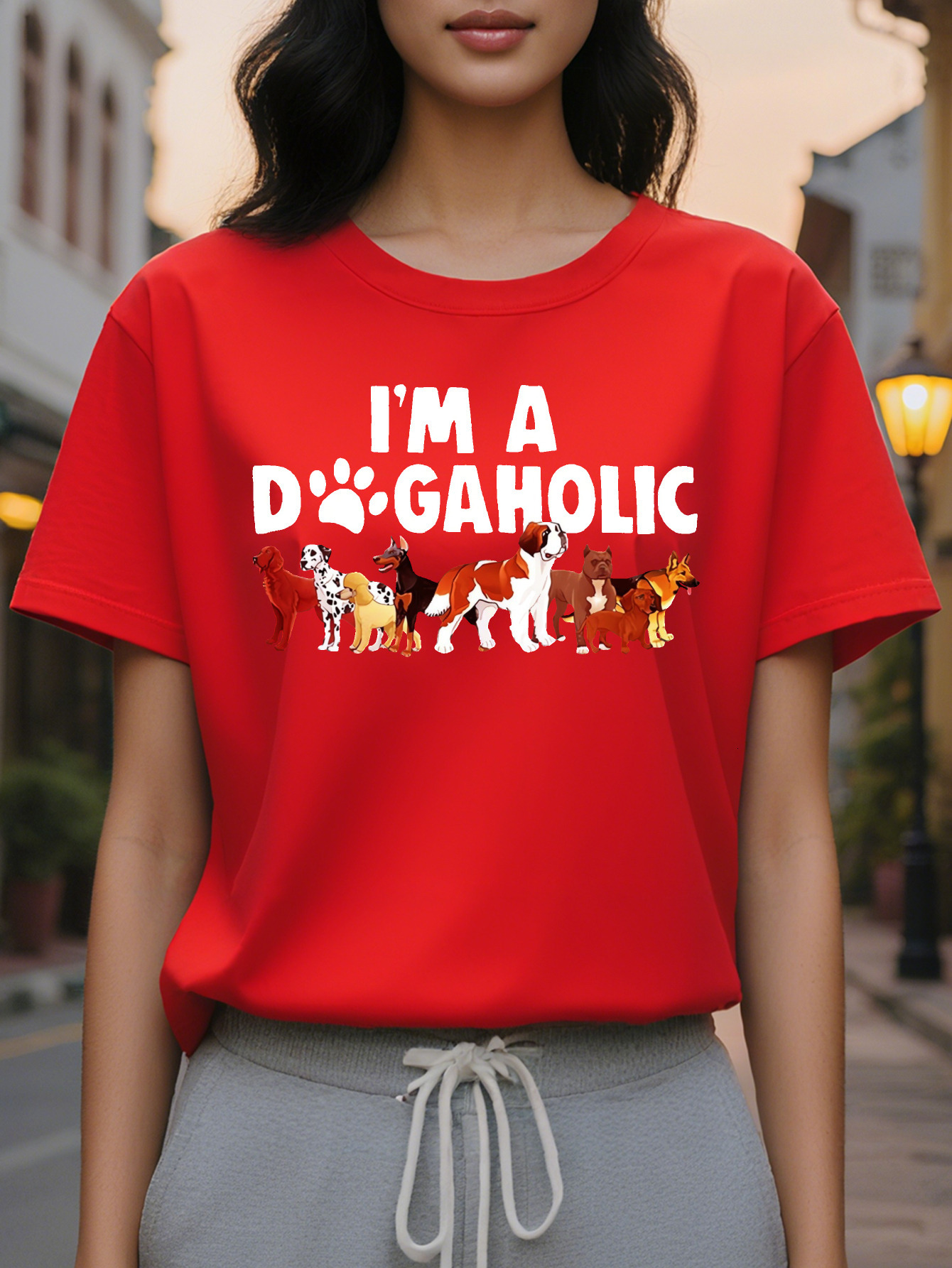 Short Sleeve Print Crew Neck I M A DOGAHOLIC T-Shirt Casual Women's Clothing for Spring Summer