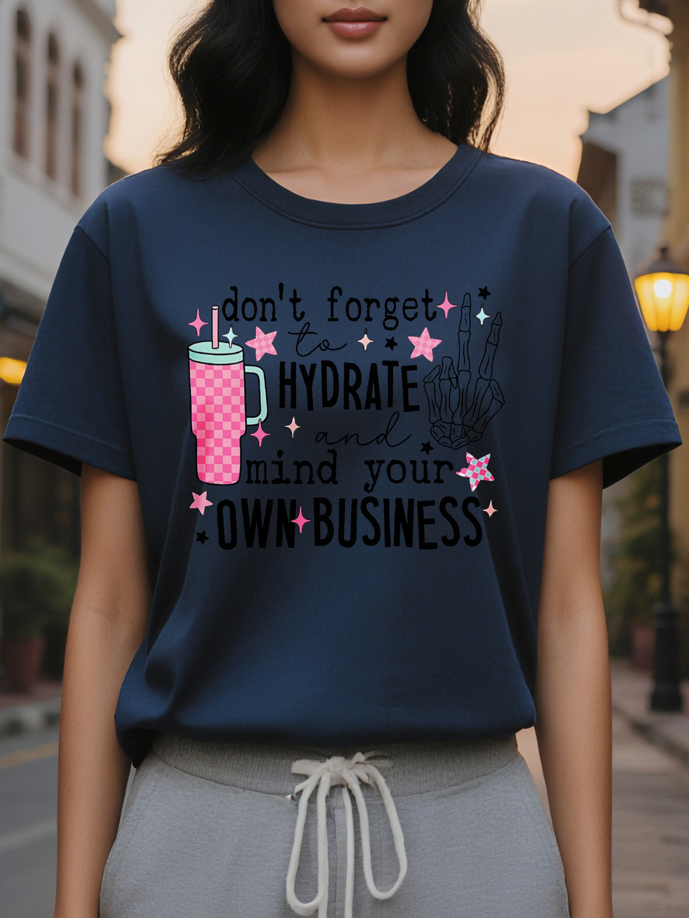 Ladies Don't Forget to Replenish Water Take Care of Yourself Pattern T Shirt White Short Sleeved Round Neck Jacket