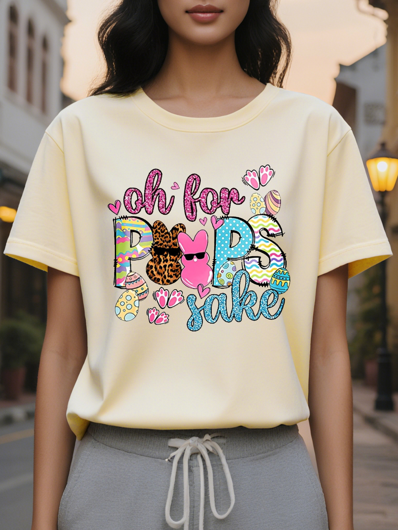 Happy Easter Peeps American Printed Pattern Spring and Summer New Fashion Round Neck T-shirt Slim Fit Slimming Women's