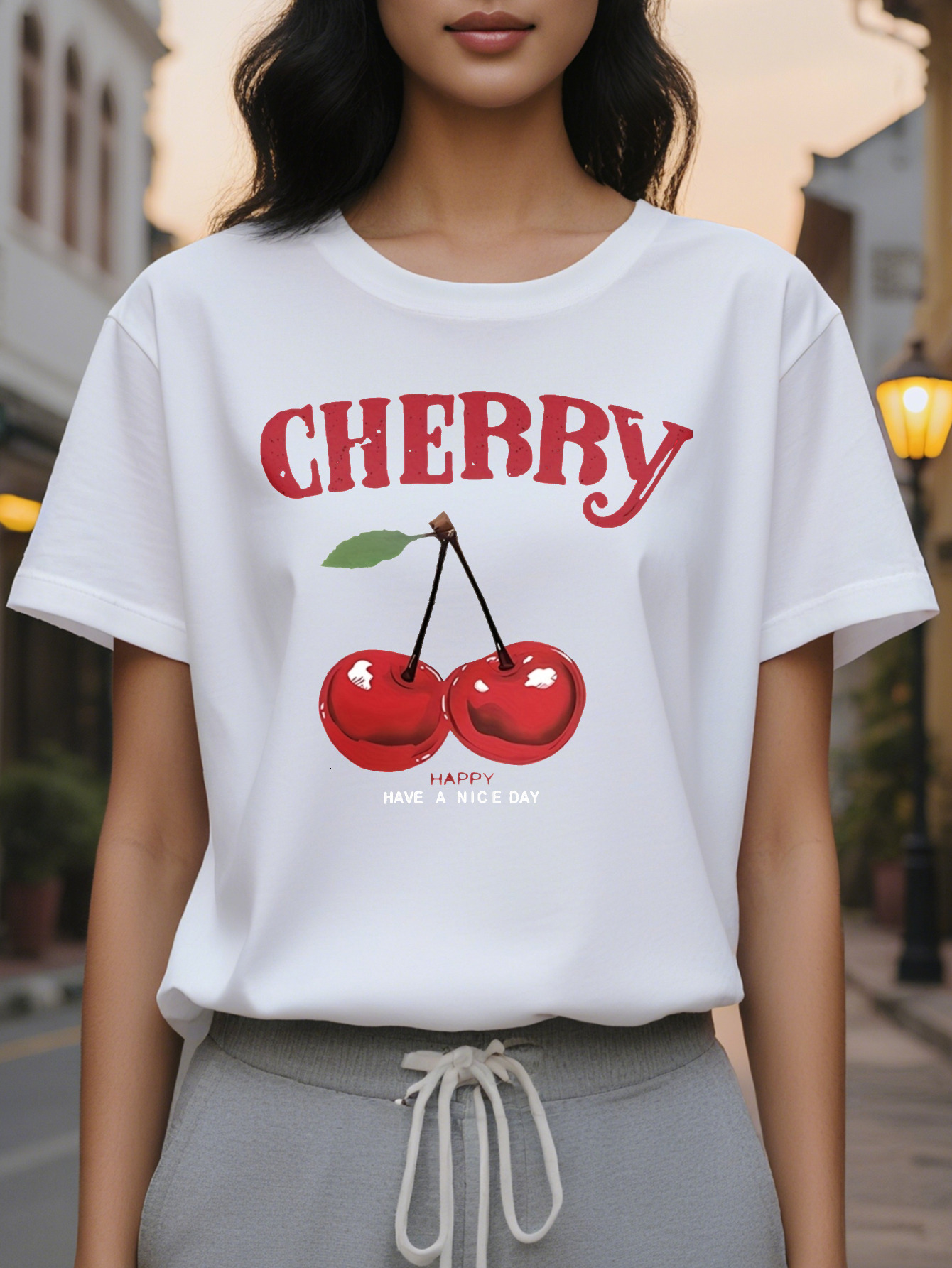 Cherry Ladies Casual Short Sleeve T-Shirt Loose Crew Neck Jacket Eye Catching Red Pattern Have A Nice Day Printing