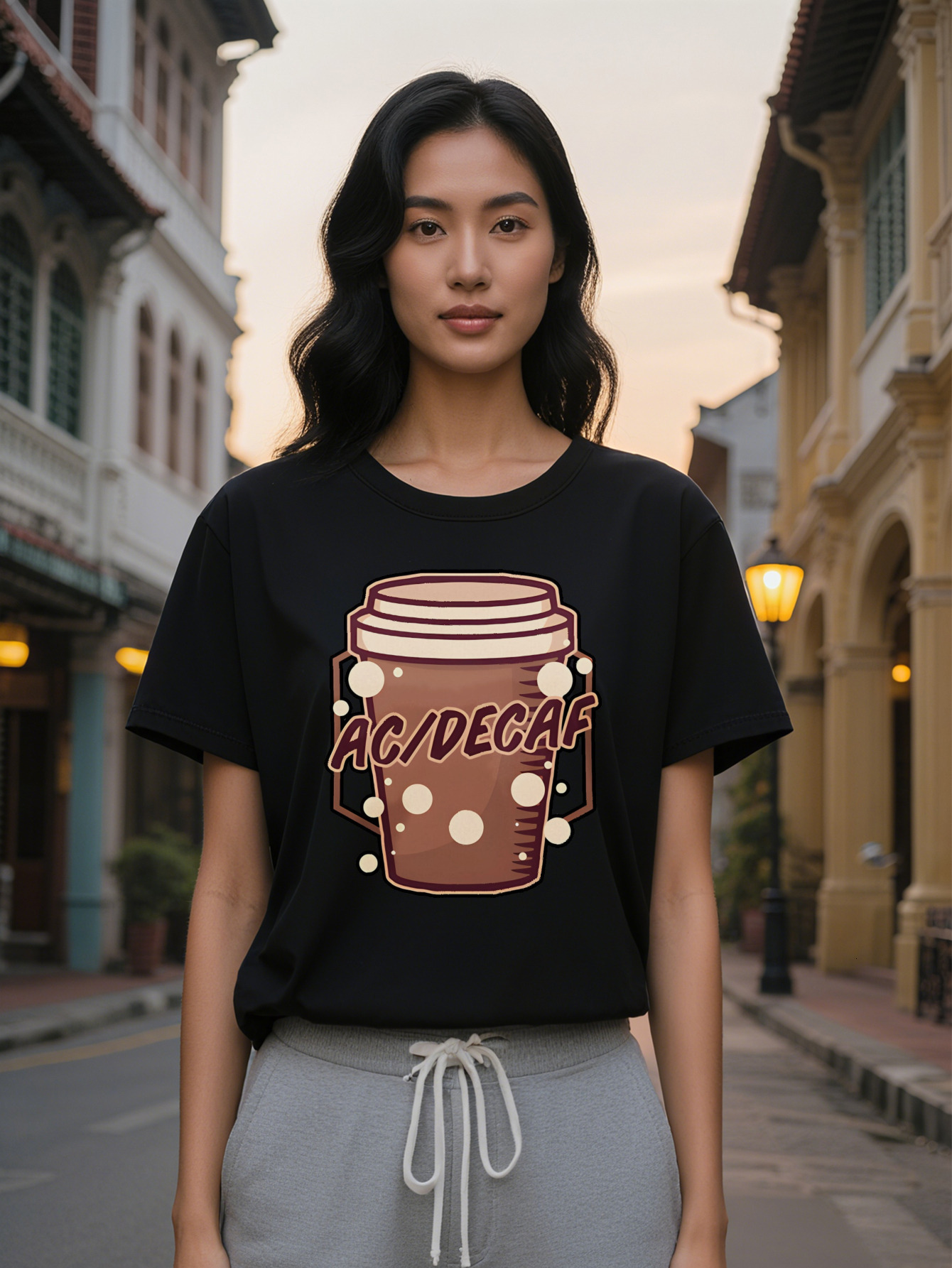 Large XL Women's Casual Crew Neck T-Shirt with Coffee Cup Print White Lid Design ACIDCAF Text Lightweight Fabric Summer Fashion Plus Size