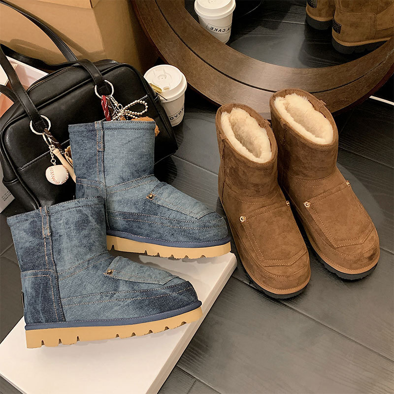 Thick soled warm snow boots 2025 designer's new retro denim cotton boots fashionable fur boots