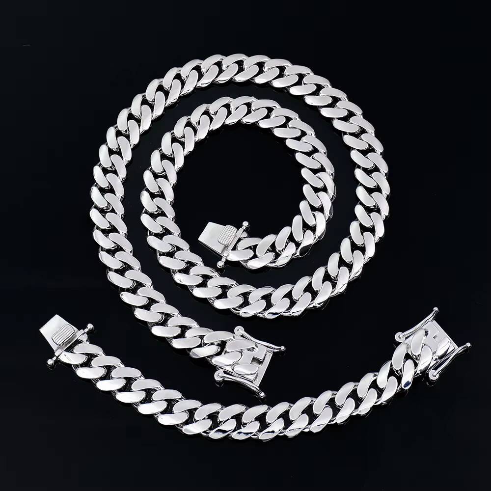 Custom Polished 925 Sterling Silver Arc Style 14mm 18mm 8in Hip Hop Plain Cuban Link Chain Necklaces Bracelets for Youngster