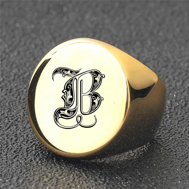 ZORCVENS Punk Gold Color AZ 26 Letters Initial Name Rings for Men Big Round Stainless Steel Wedding Ring Jewelry Gifts 250904