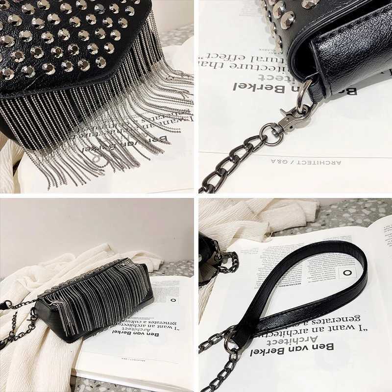 JIEROTYX FAshion Tassel Diamonds Design Mini Chain Shoulder Bag Crossbody Black Leather Female Bolsa Sac A Main Z250903