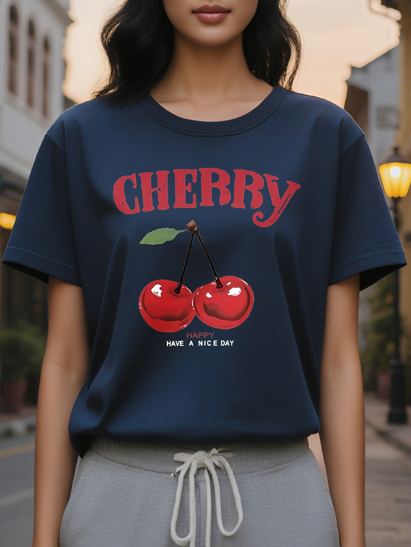 Cherry Ladies Casual Short Sleeve T-Shirt Loose Crew Neck Jacket Eye Catching Red Pattern Have A Nice Day Printing