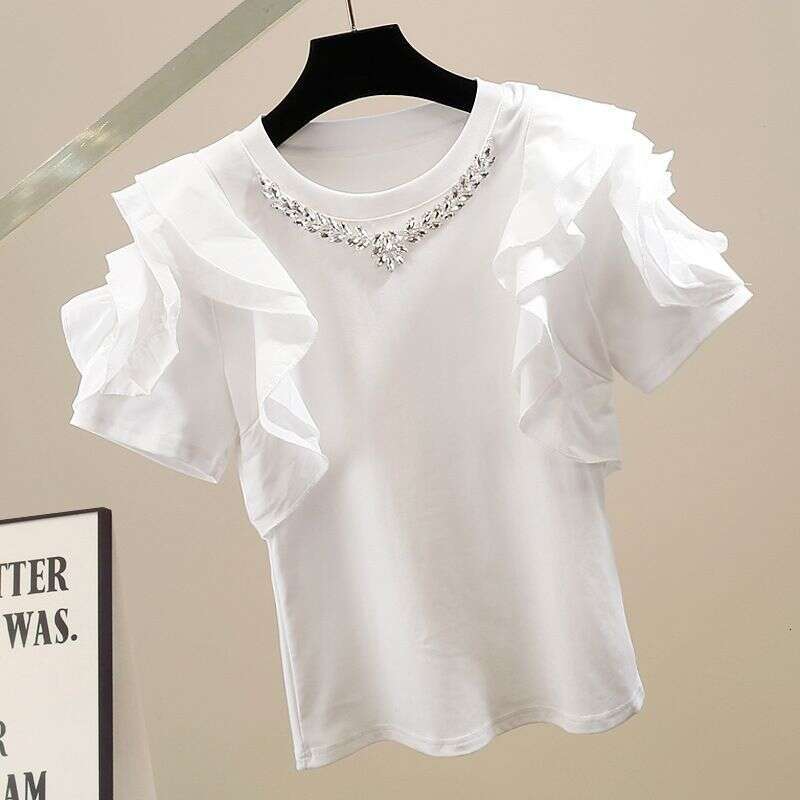 Women's Summer Korean Version Slimming Ruffled Splicing Short-Sleeved Solid Color Casual Shirt Trend