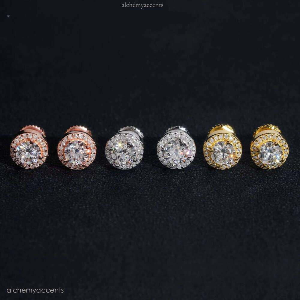 Ready to Ship Hip Hop Style Tester Certified Sier Gold Plated VVS Dia Moissanite Stud Earrings Round