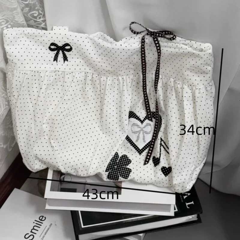 Polka Dot Casual White Tote Bag Bows Heart Korean Style Shoulder Bag Large Capacity Colleage Student Bag Versatile Handbag Women Z250903