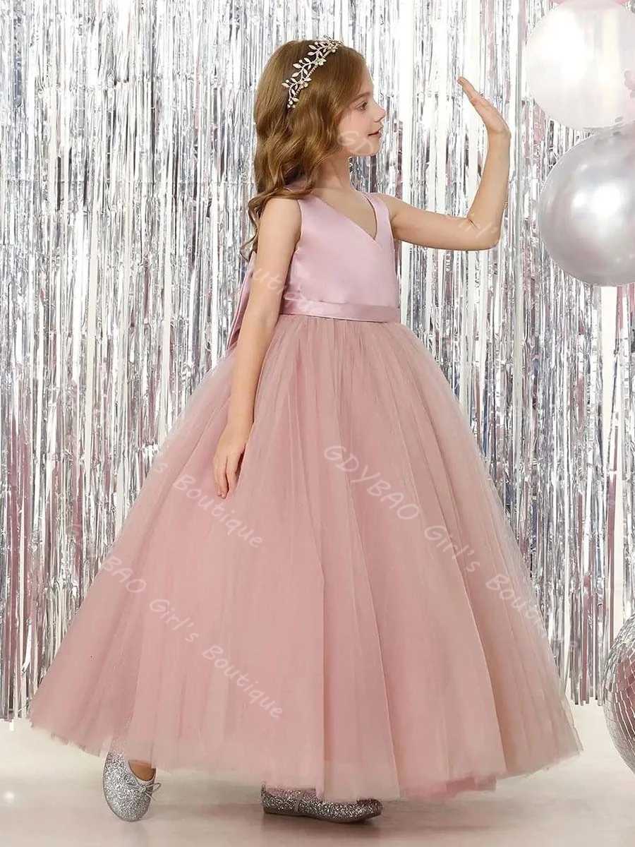 Ankle Length Flower Girl Dress for Wedding Toddlers Double V Neck Communion Dress With Bow 2-14 Kids Custom Birthday Ball Gown Z250904