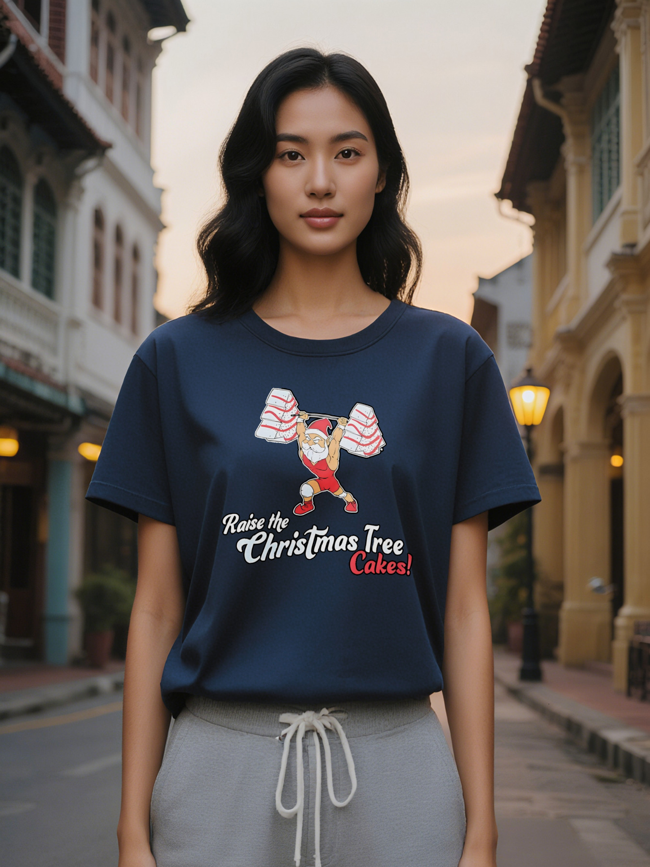 Casual Santa Claus Graphic T-Shirt Black Humor Design with Raise the Christmas Tree Slogan Lightweight Summer Round