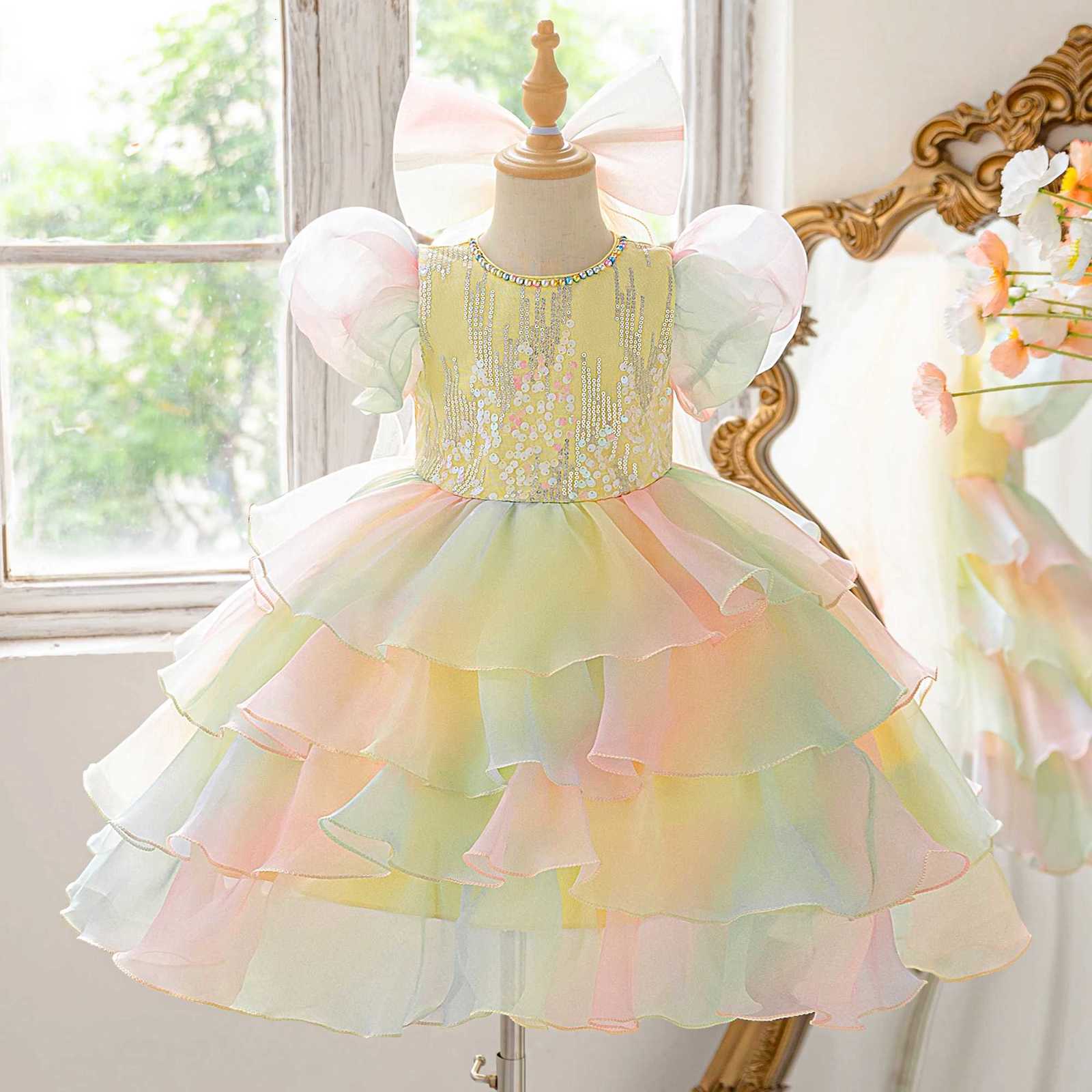2pcs Rainbow Lace Princess Party Girls Dress Elegant Multi Layered Wedding Birthday Evening Dresses Girl Graduation Prom Costume Z250904