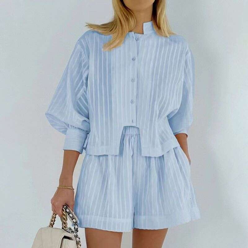 Women's Clothing Cotton Jacquard Striped Casual Stand Up Collar Puff Sleeve Button Shirt Shorts Suit